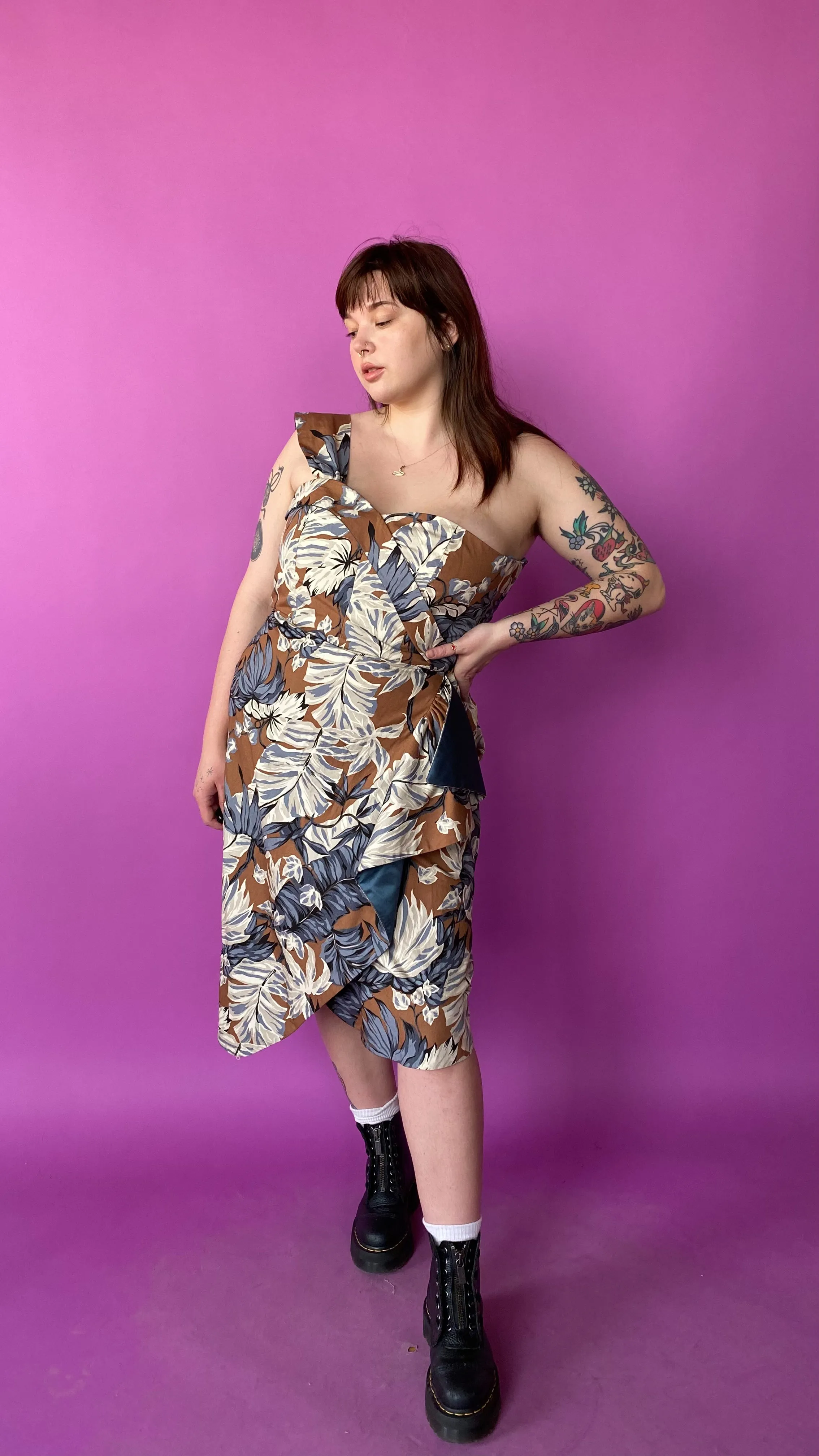 1980s Brown Tropical Dress, sz. L