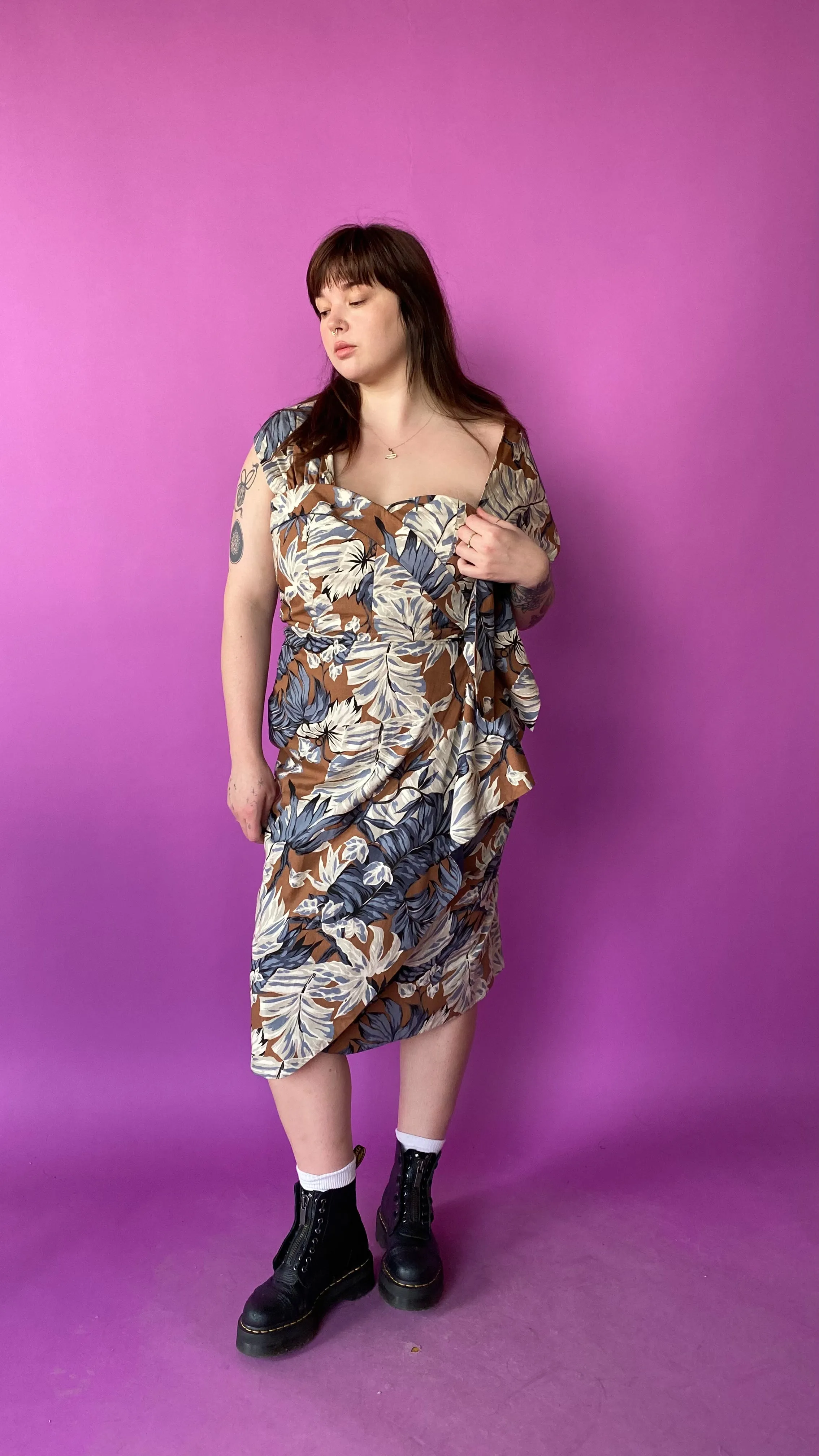 1980s Brown Tropical Dress, sz. L
