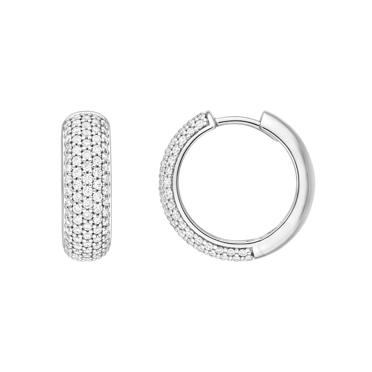 7/8ctw Diamond Pave Huggie Earrings - Five Rows of Diamonds - 14K White Gold - by Dazyle