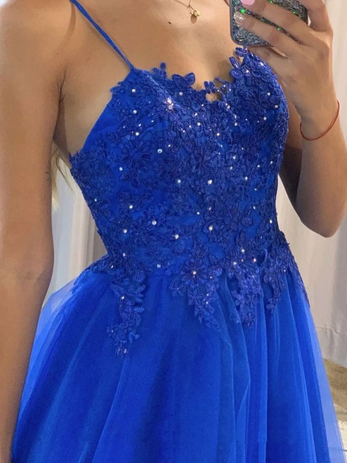 A Line Blue Lace Beaded Long Prom Dresses, Blue Lace Formal Graduation Evening Dresses SP2121