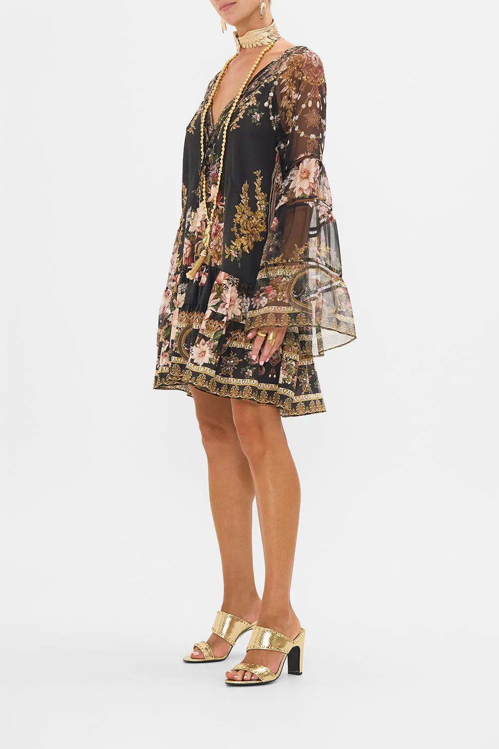 A-LINE GATHERED PANEL DRESS WITH LACE TRIMS DYNASTY DAZE