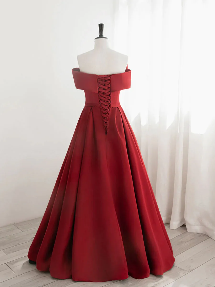 A-Line Satin Red Long Prom Dresses, Red Long Formal Dresses     fg4359