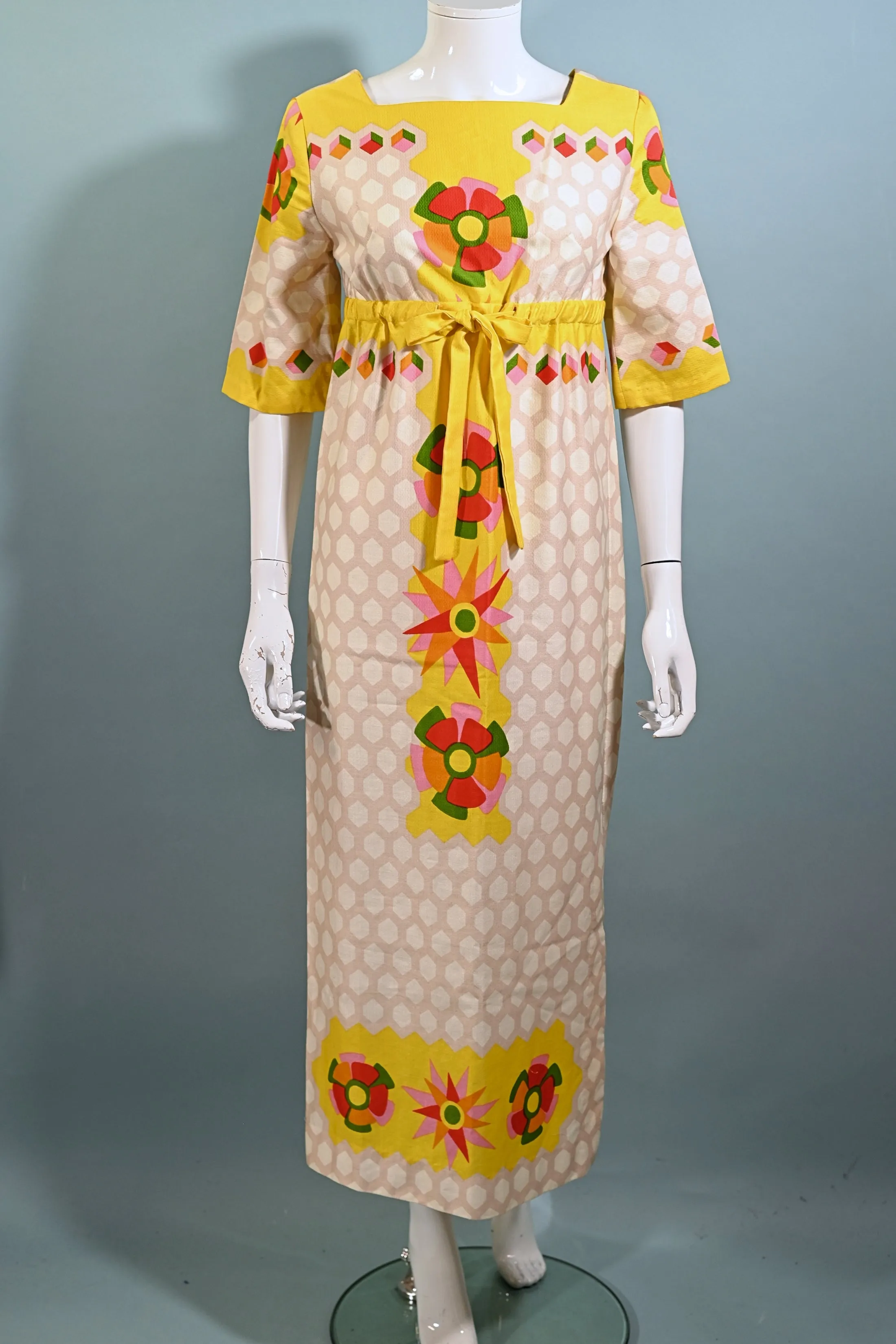 Alex Coleman 60s Mod Hippie Maxi Dress, Empire Waist Floral Print Dress