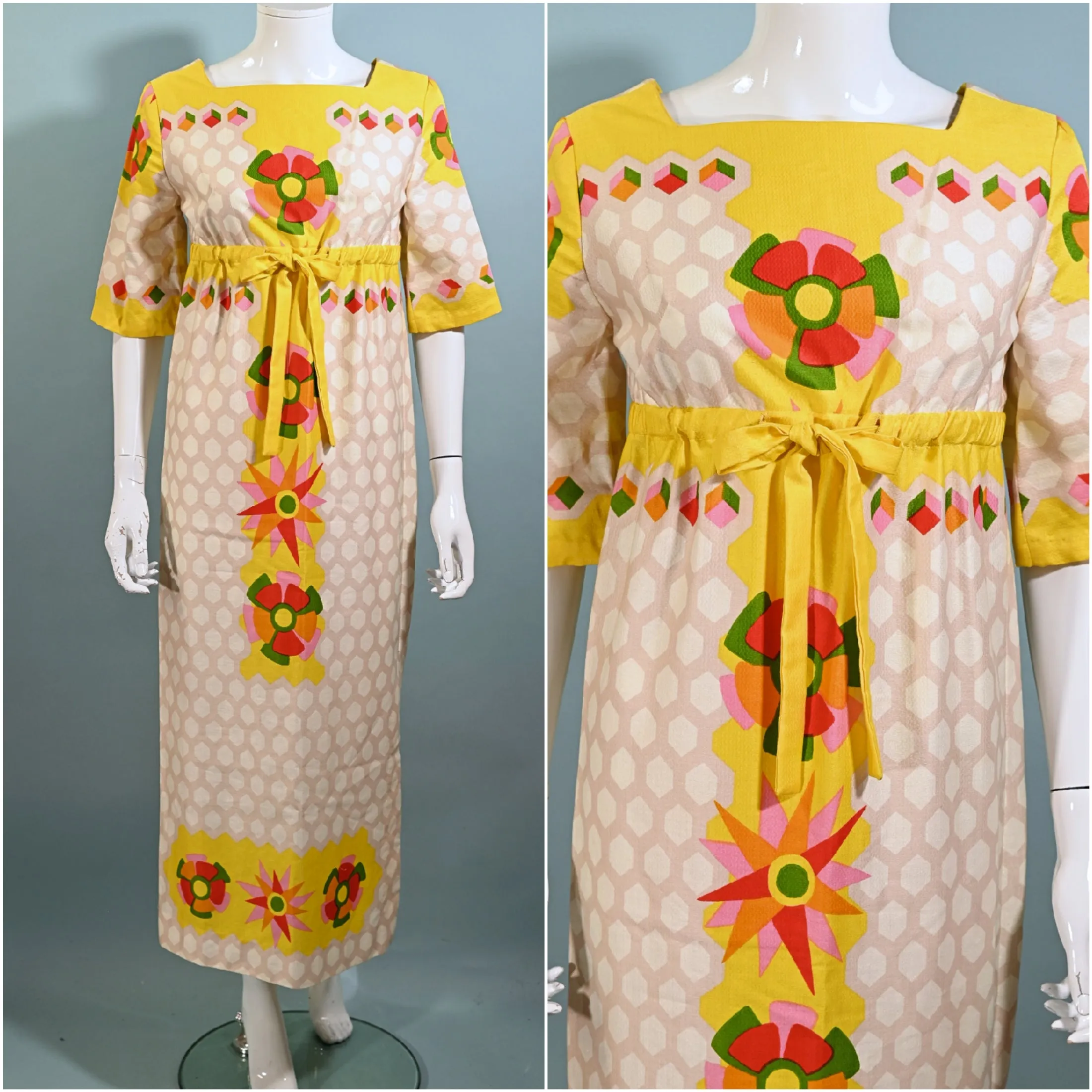Alex Coleman 60s Mod Hippie Maxi Dress, Empire Waist Floral Print Dress