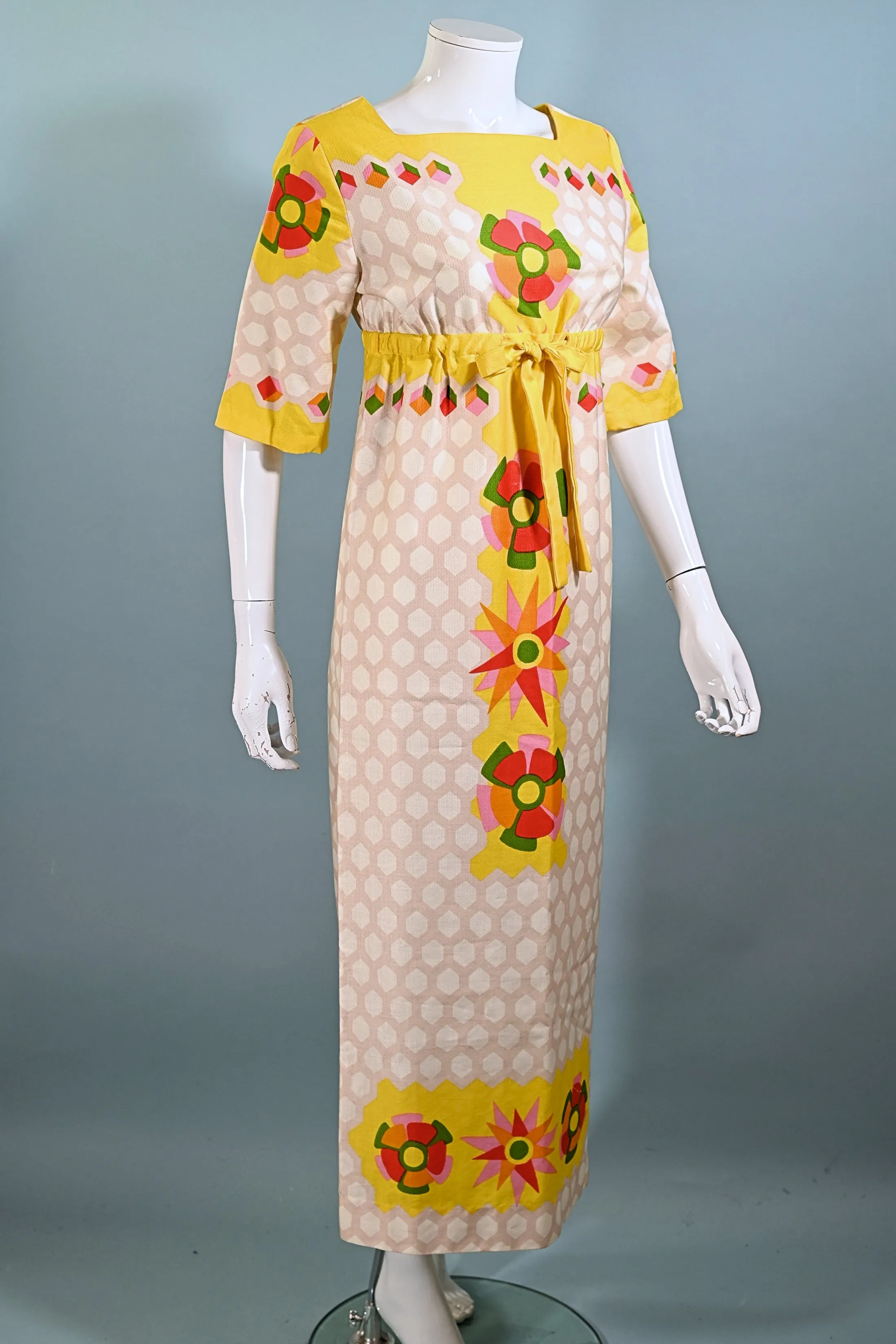 Alex Coleman 60s Mod Hippie Maxi Dress, Empire Waist Floral Print Dress