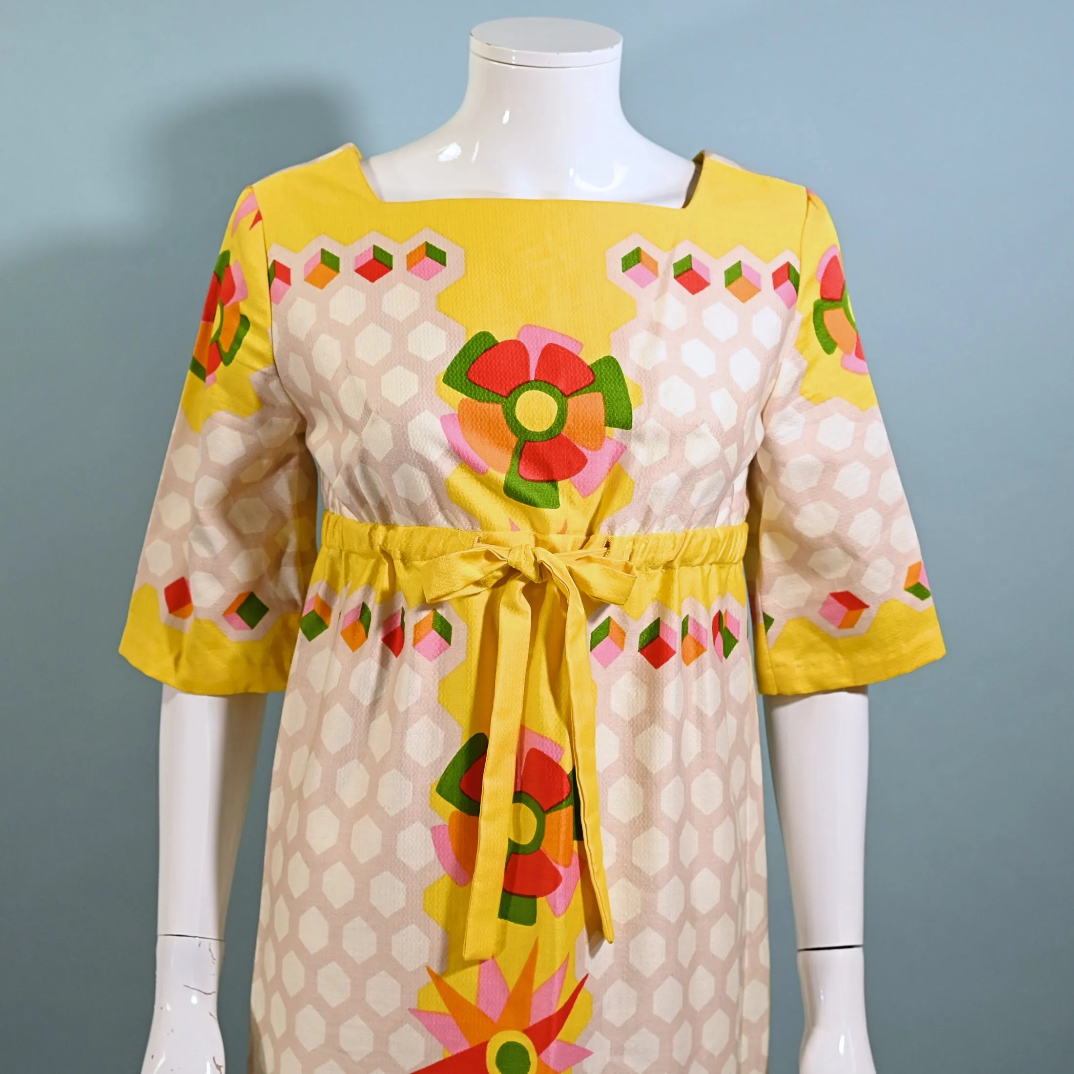 Alex Coleman 60s Mod Hippie Maxi Dress, Empire Waist Floral Print Dress