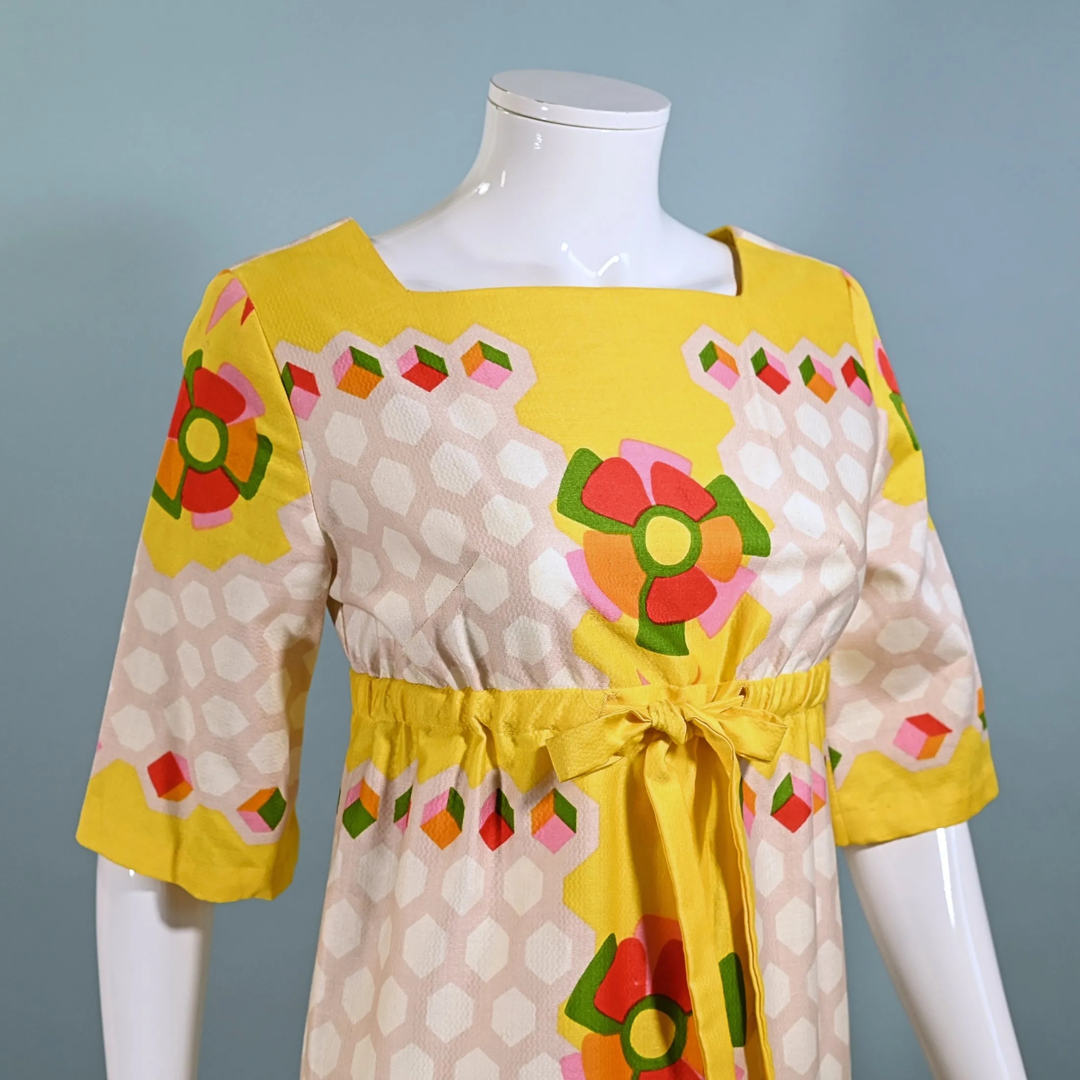 Alex Coleman 60s Mod Hippie Maxi Dress, Empire Waist Floral Print Dress