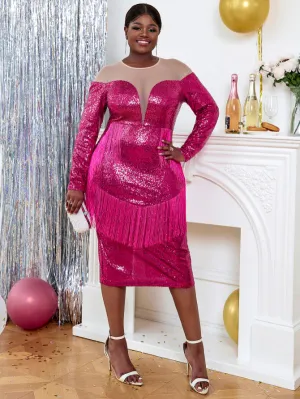 AOMEI Plus Size Fuchsia Sequin Tassel Dresses Midi