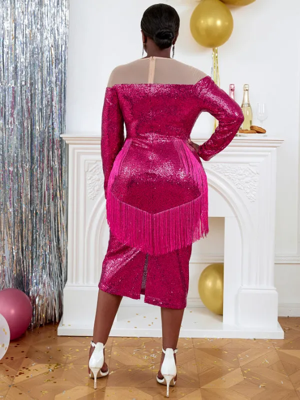 AOMEI Plus Size Fuchsia Sequin Tassel Dresses Midi