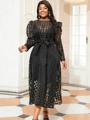 AOMEIDRESS Women Plaid Long Sleeve Mesh Midi Dresses