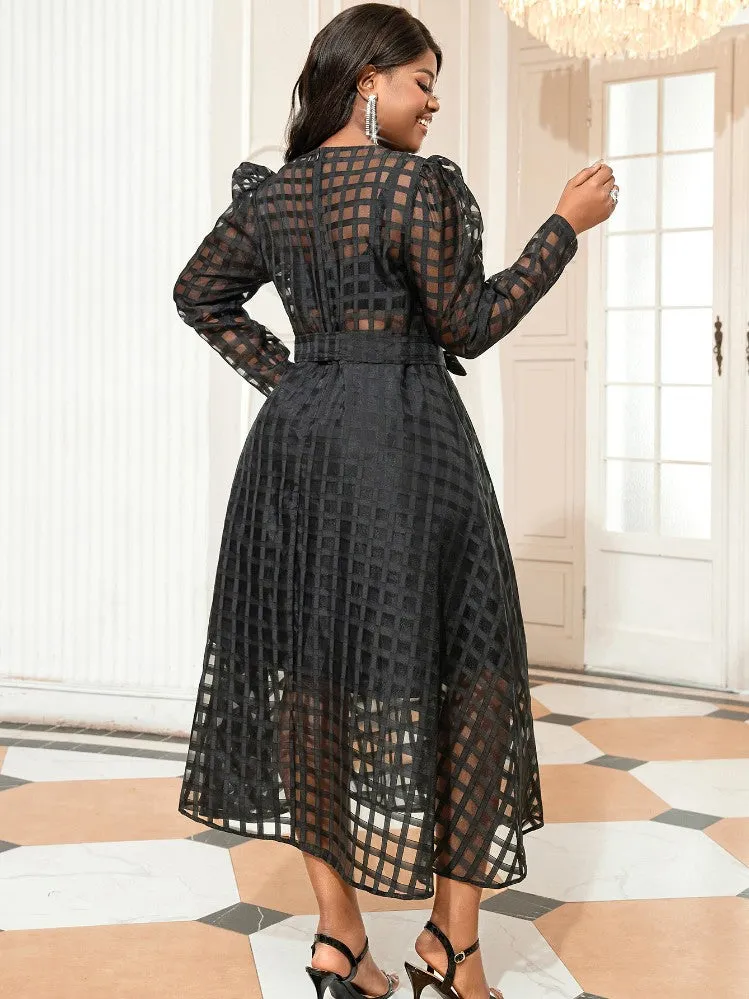 AOMEIDRESS Women Plaid Long Sleeve Mesh Midi Dresses
