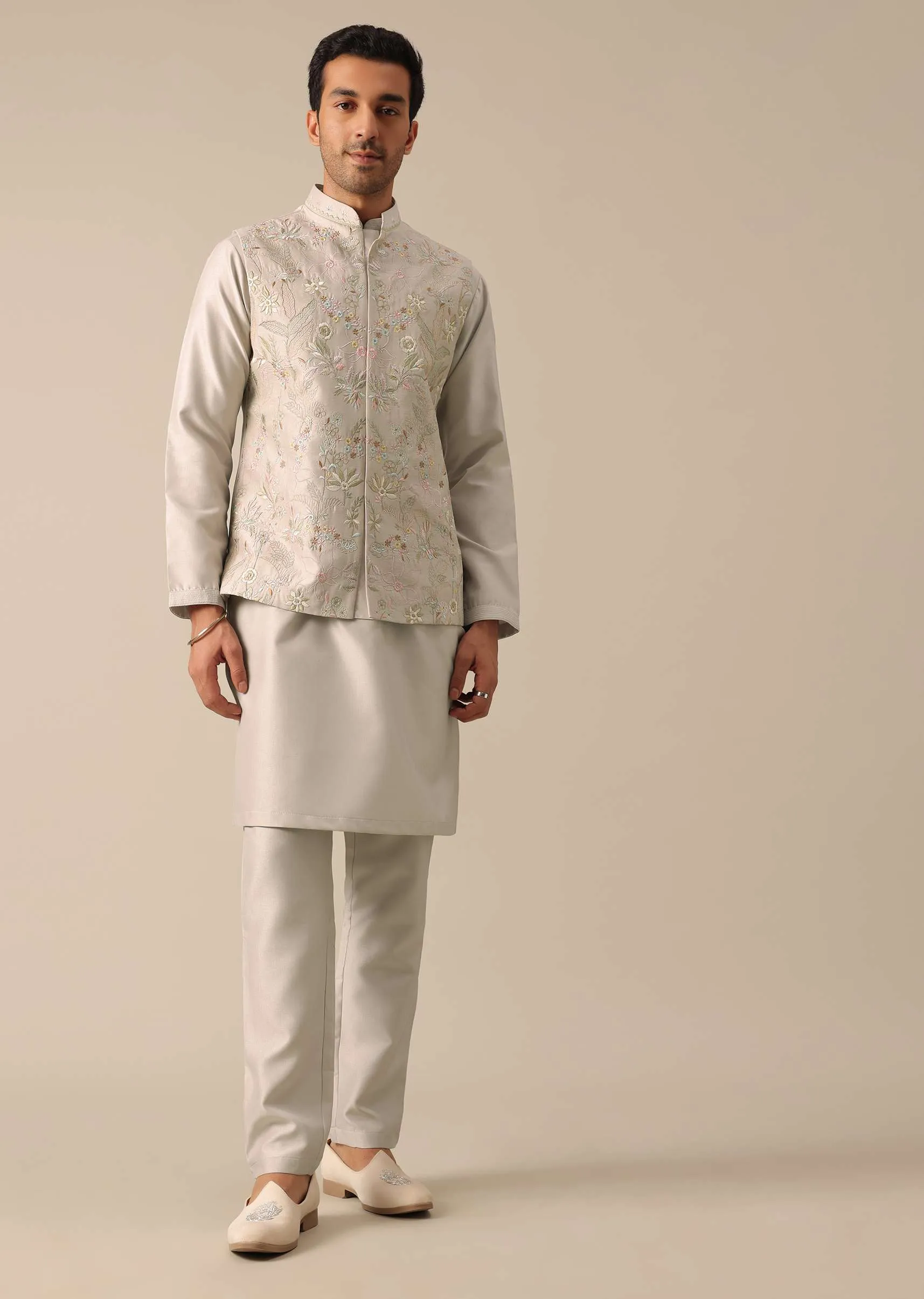 Ash Grey Jacket And Kurta Set With Floral Motifs