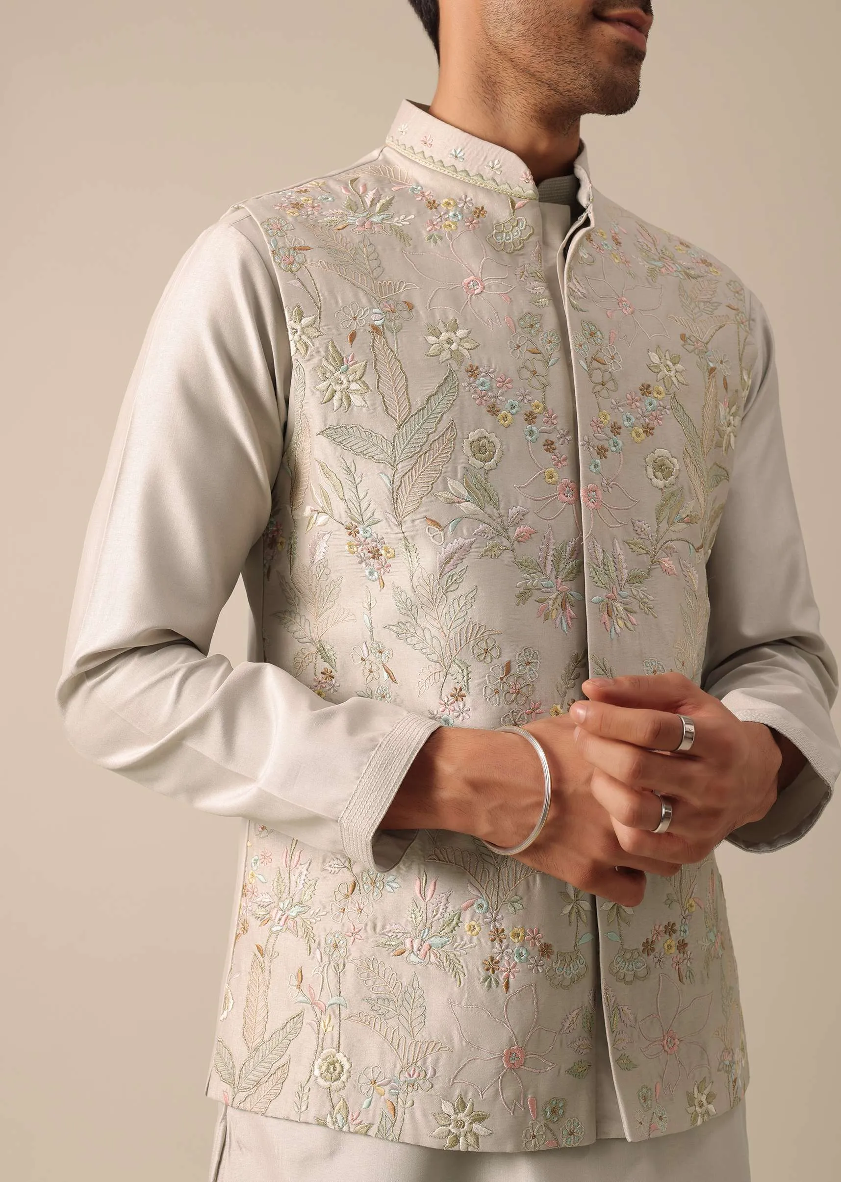 Ash Grey Jacket And Kurta Set With Floral Motifs