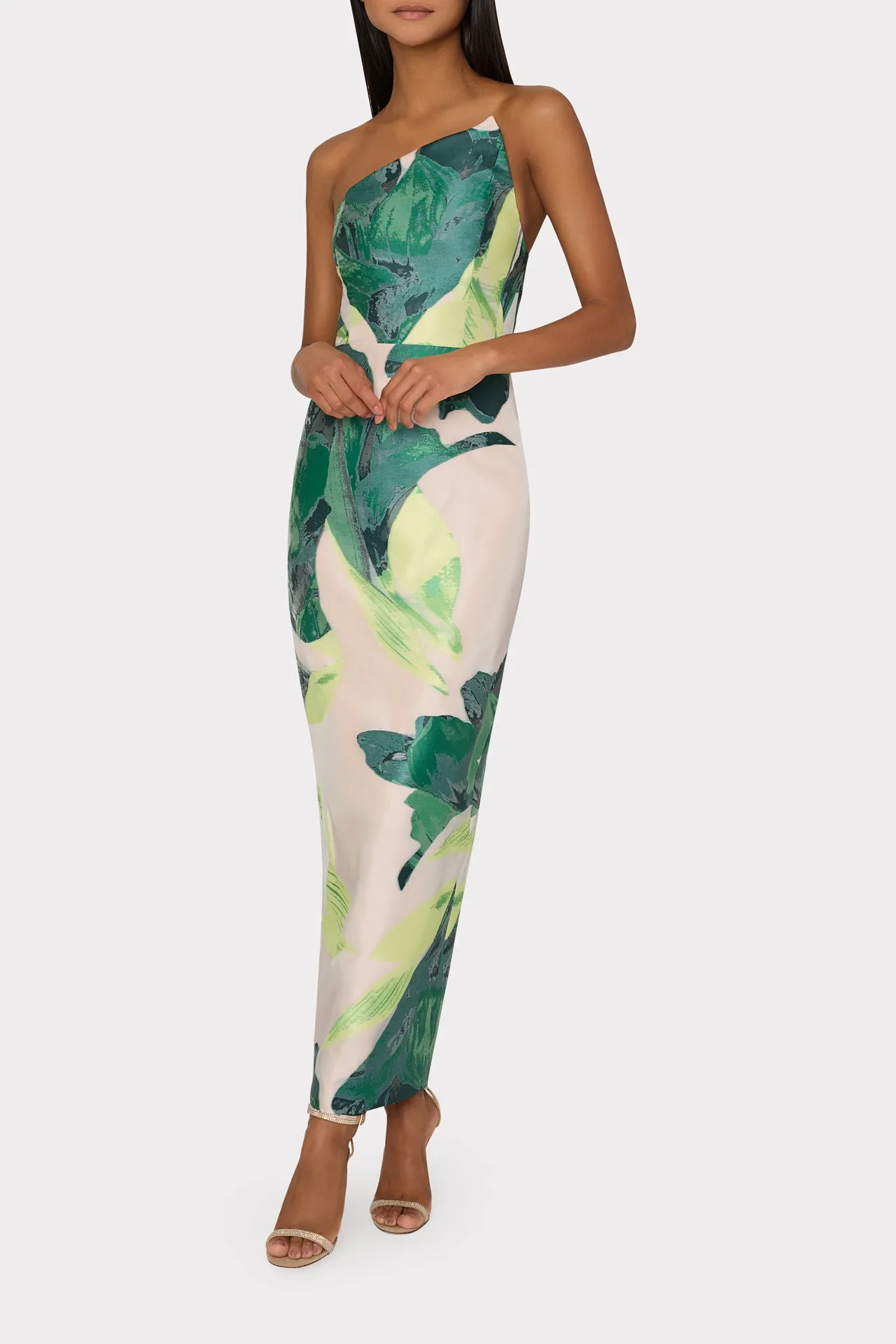 Asymetrical Tropical Forest Jacquard Midi Dress