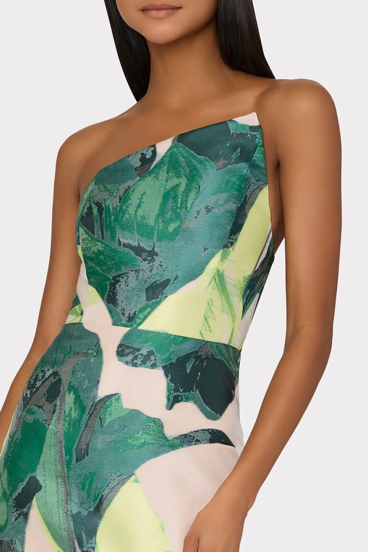 Asymetrical Tropical Forest Jacquard Midi Dress