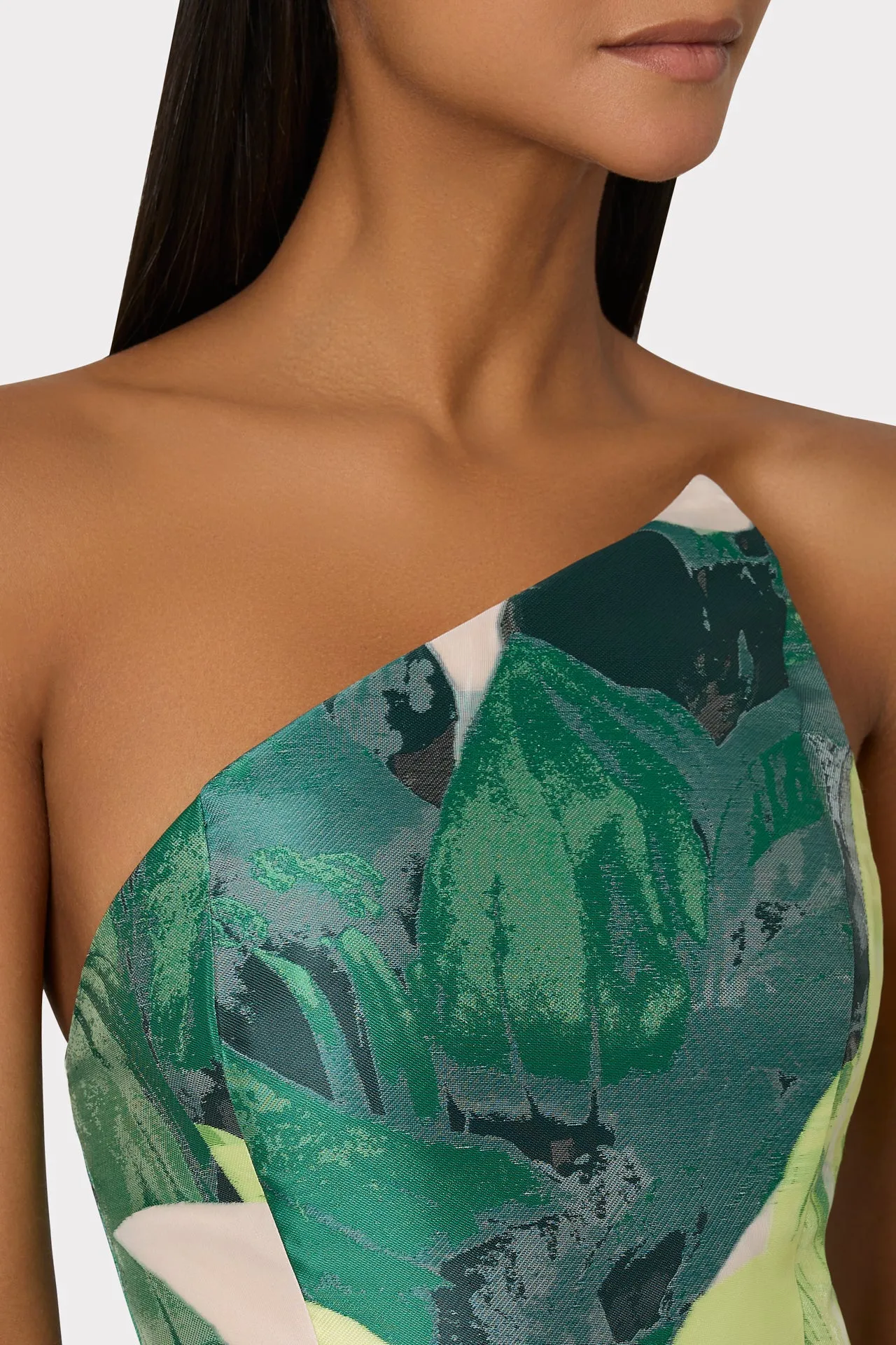 Asymetrical Tropical Forest Jacquard Midi Dress