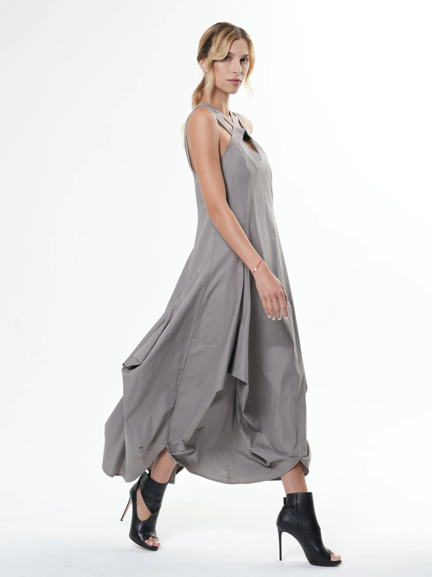 Asymmetric Long Cotton Dress In Gray