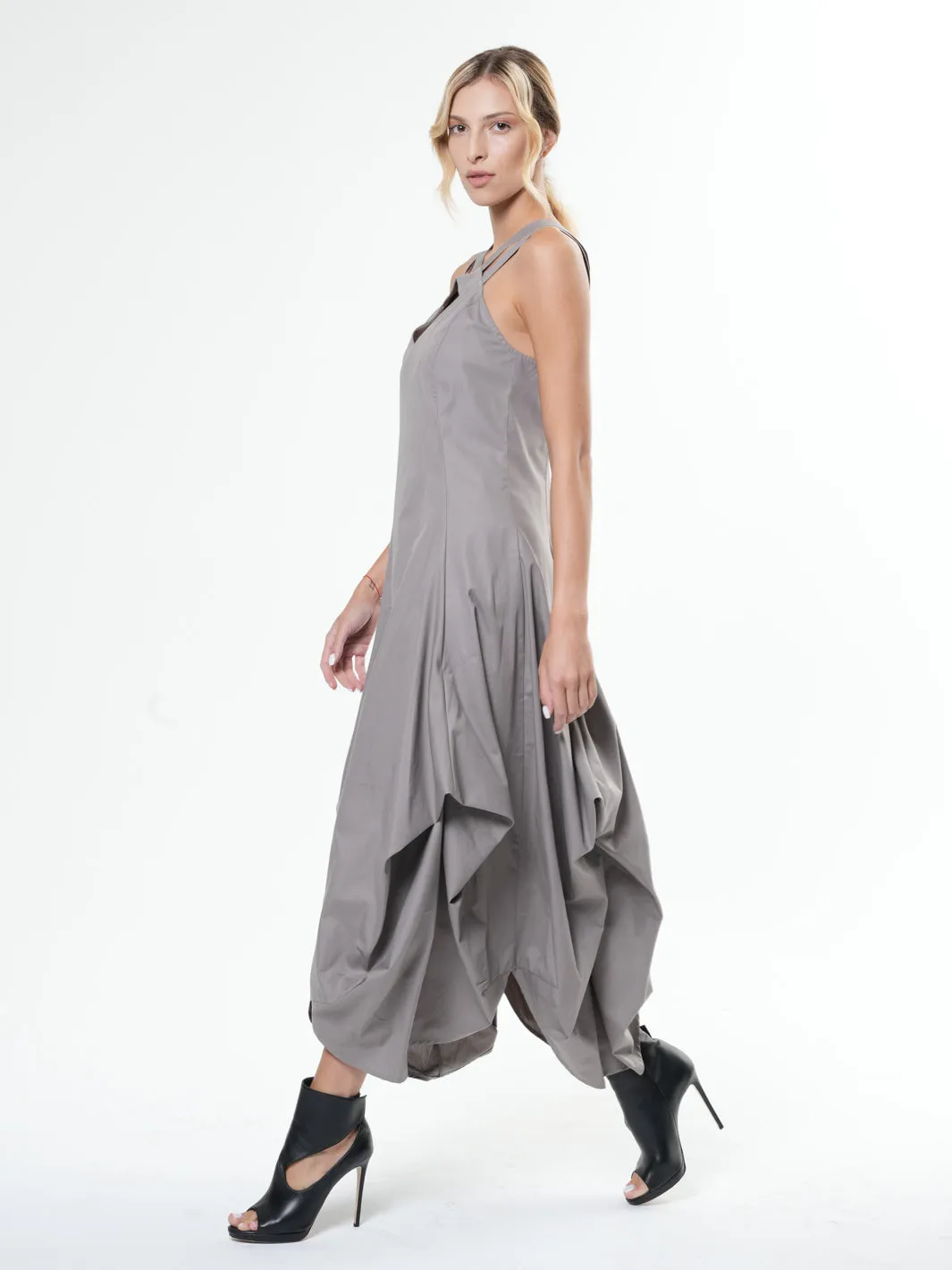 Asymmetric Long Cotton Dress In Gray