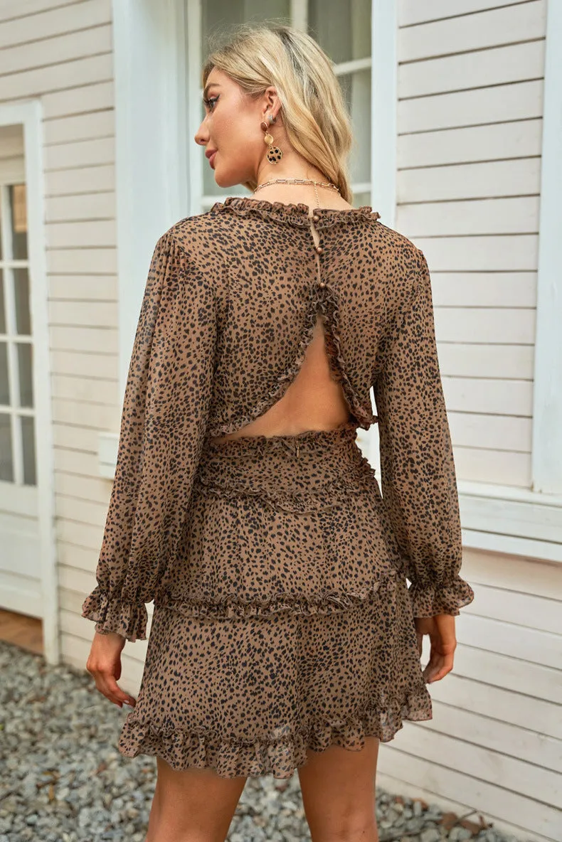 Backless V-neck Cinched Waist Puff Sleeve Midi Dress