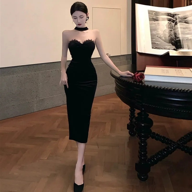 Birthday dress halter neck velvet dress      S5845