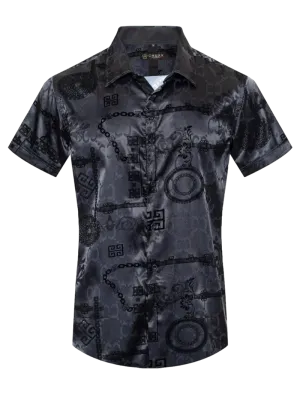 Black Short Sleeve Men's Graphic Design Shiny Shirt Satin Material