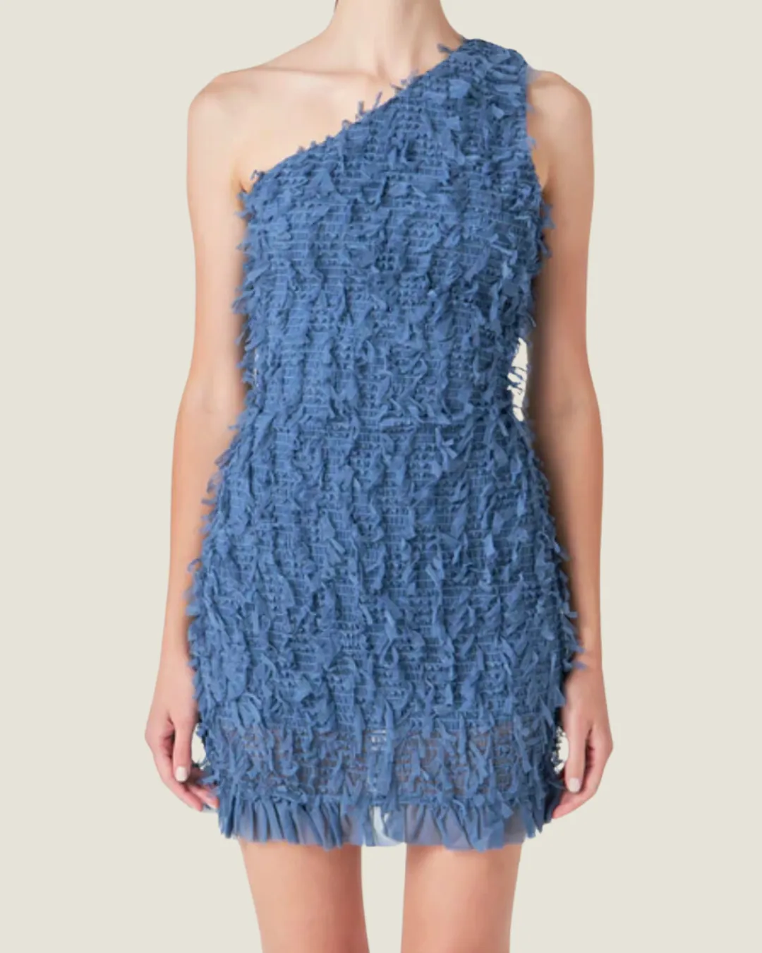 Blue Mesh Trimmed One Shoulder Mini Dress