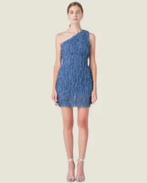 Blue Mesh Trimmed One Shoulder Mini Dress