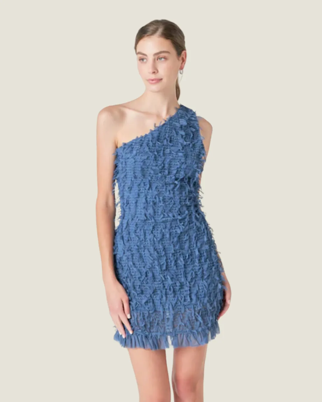 Blue Mesh Trimmed One Shoulder Mini Dress