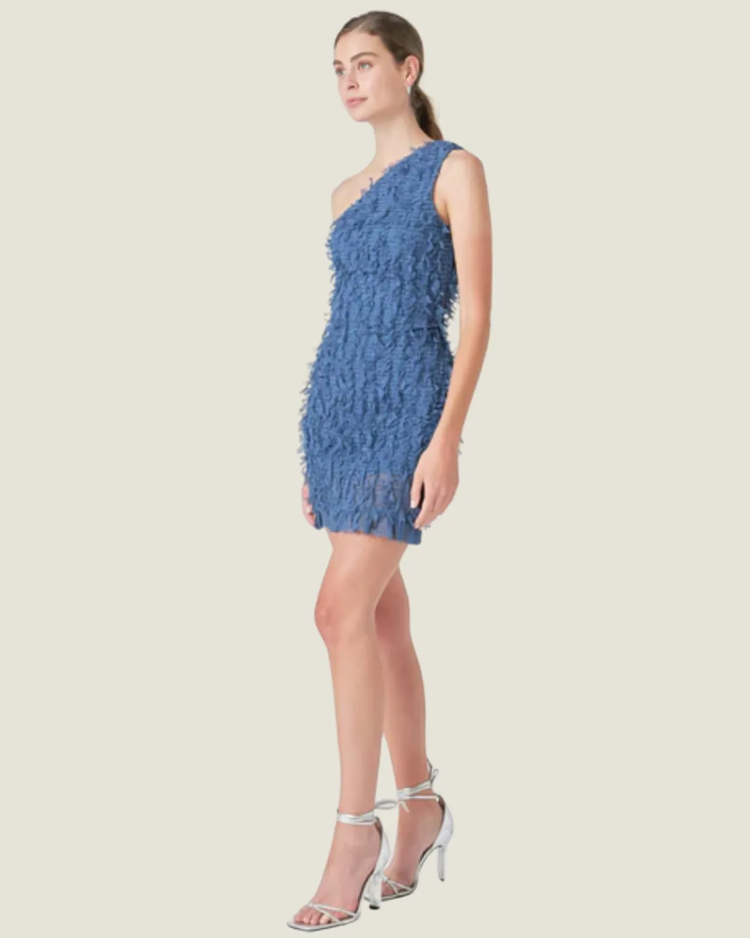 Blue Mesh Trimmed One Shoulder Mini Dress