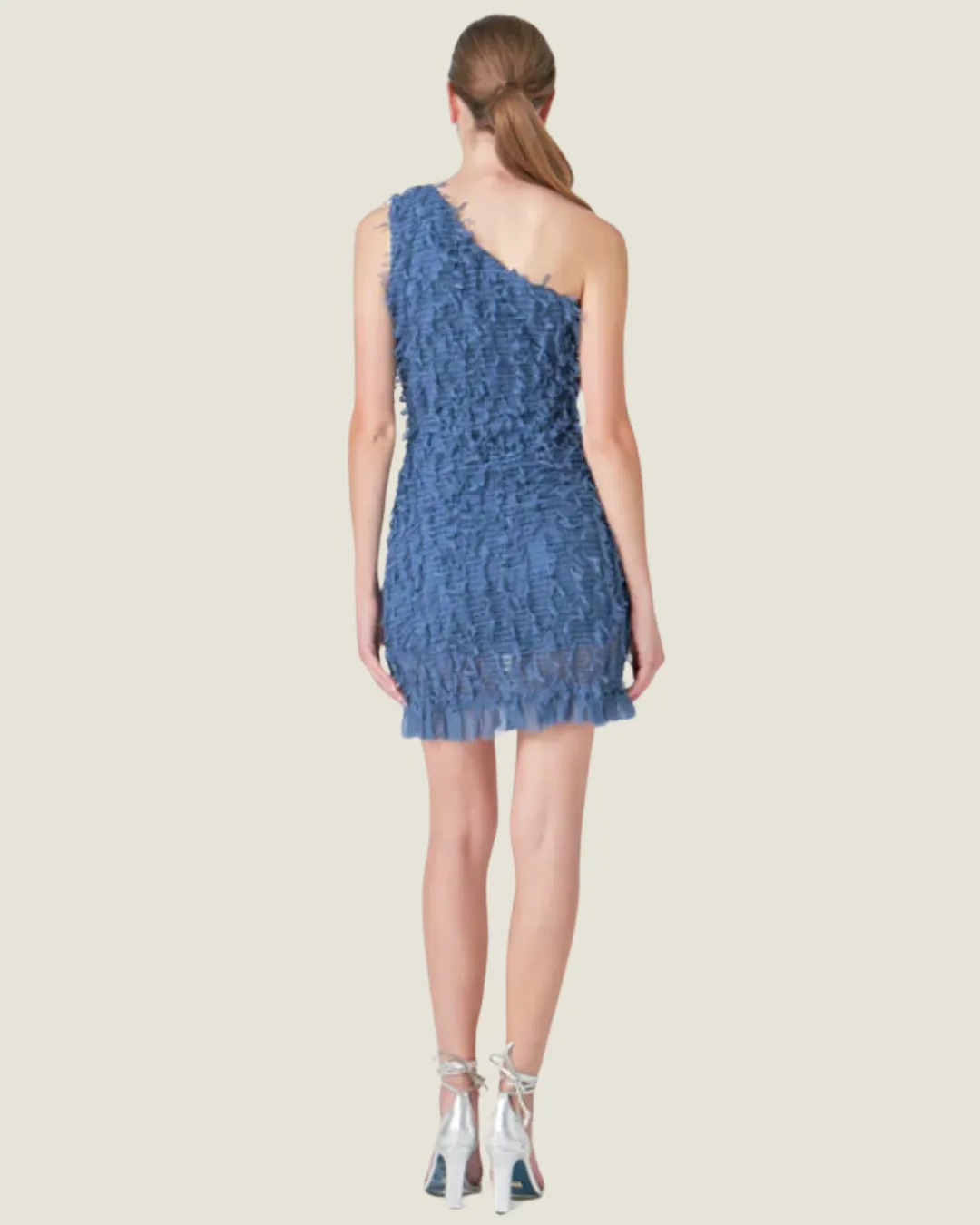 Blue Mesh Trimmed One Shoulder Mini Dress