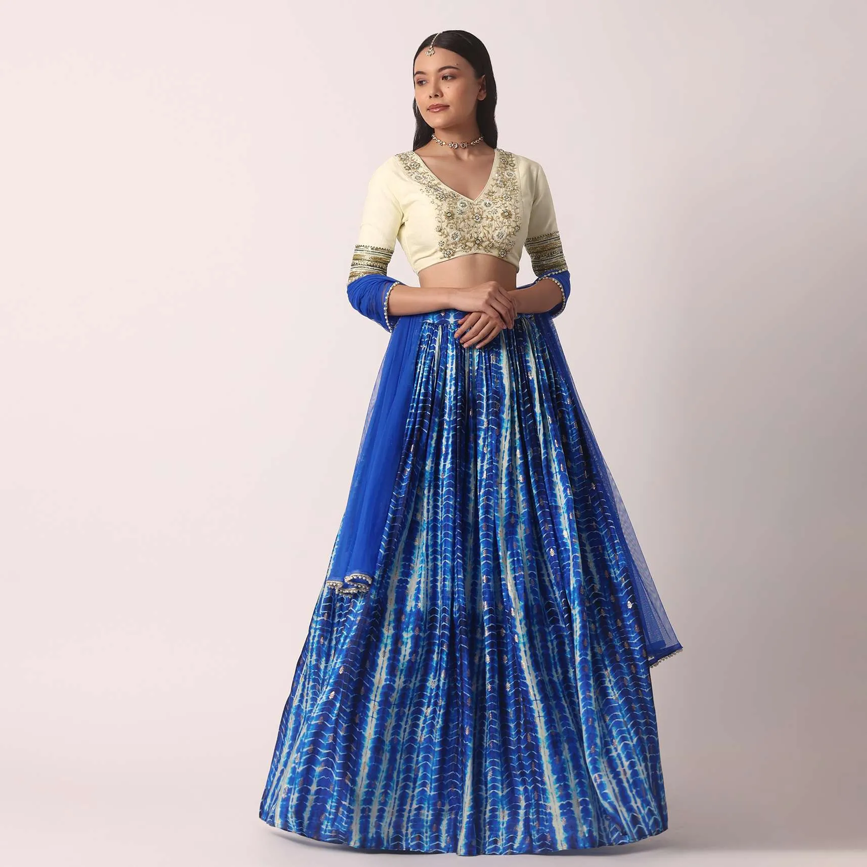 Blue Printed Lehenga Set In Silk With Cutdana Work