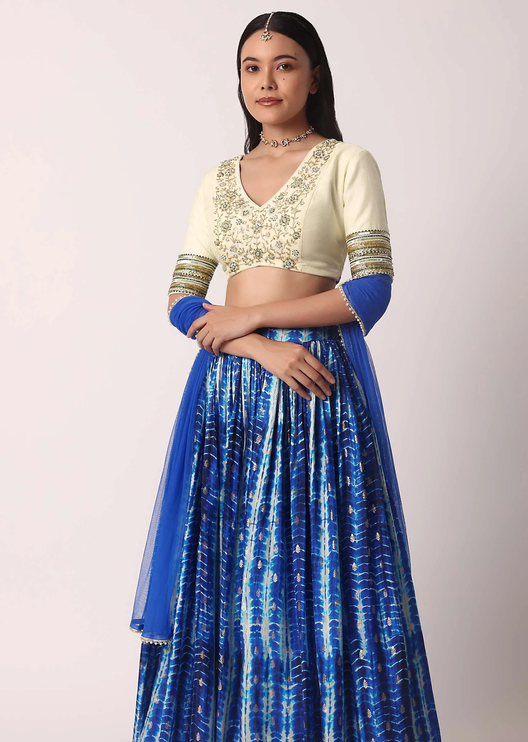 Blue Printed Lehenga Set In Silk With Cutdana Work