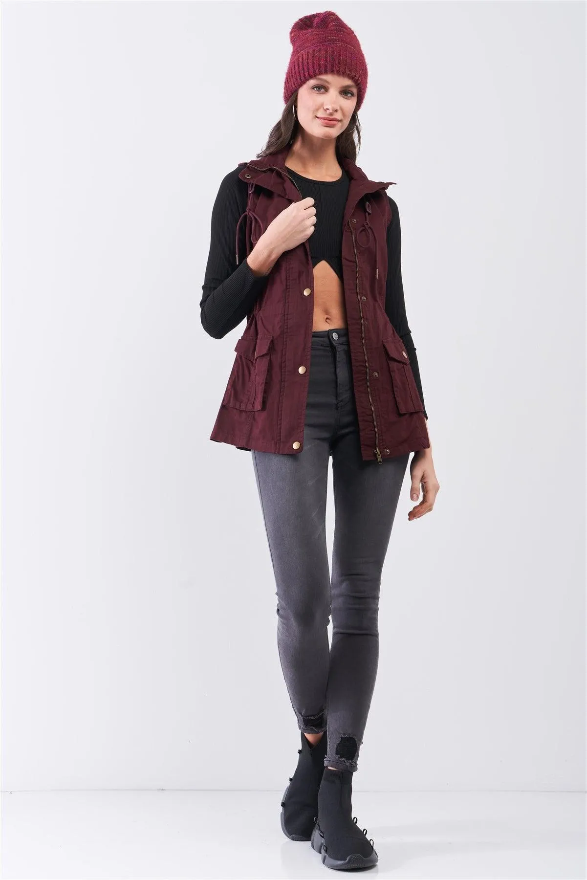 Burgundy Sleeveless Foldable Detachable Hood Detail Parka Utility Vest /2-3-1-1