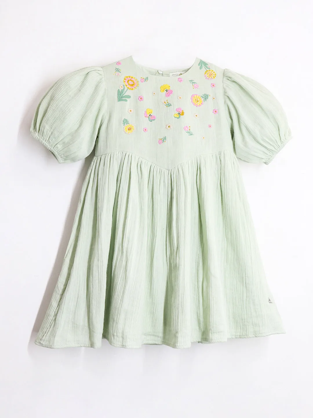 Cherry Crumble Cotton Green Round neck with Zipper Closure embroidered Fit & Dress Flare For Girls