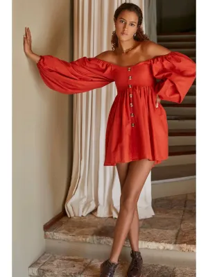 Chloie Empire Waist Linen Mini Dress | Cranberry Red