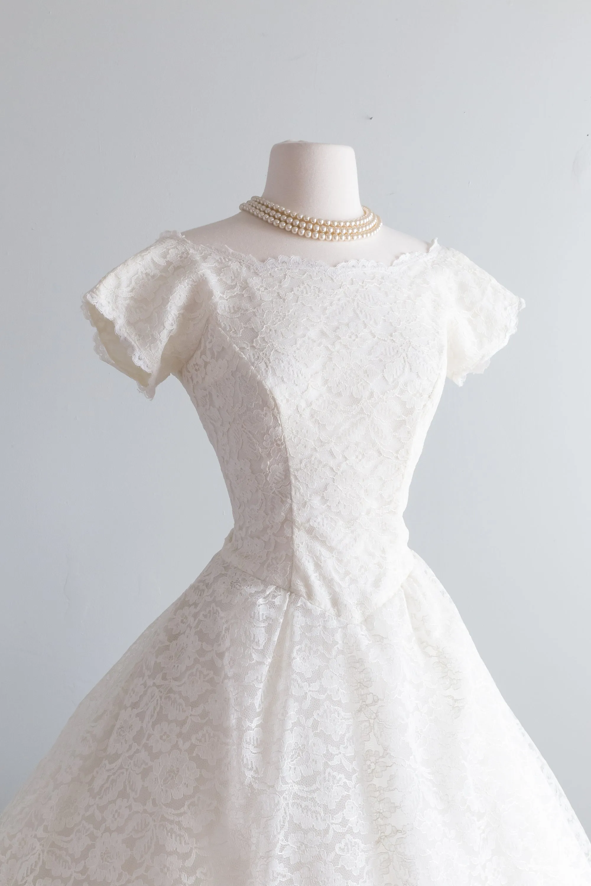 Classic 1950's Tea Length Lace Wedding Dress By Lorie Deb / Waist 26"