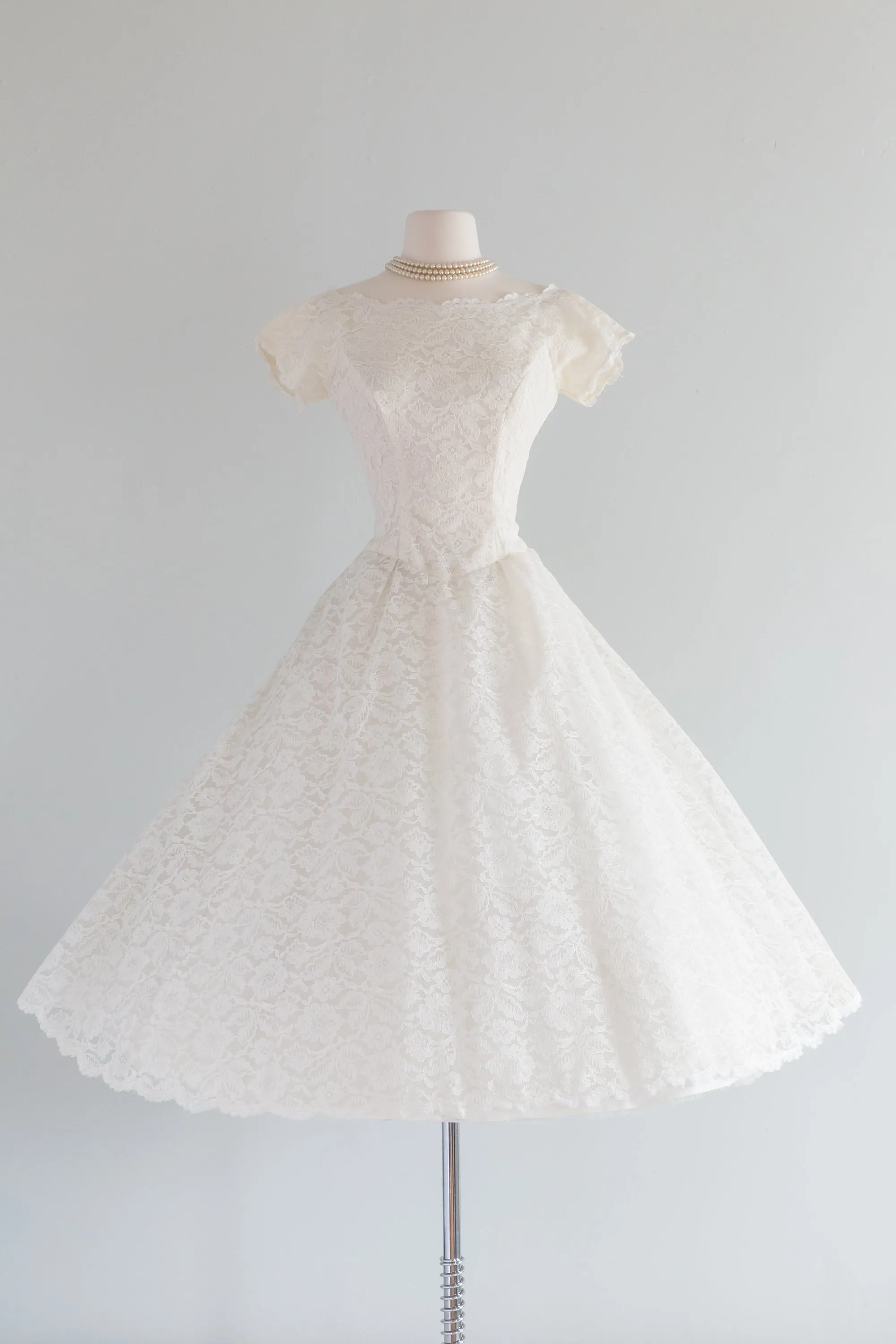 Classic 1950's Tea Length Lace Wedding Dress By Lorie Deb / Waist 26"
