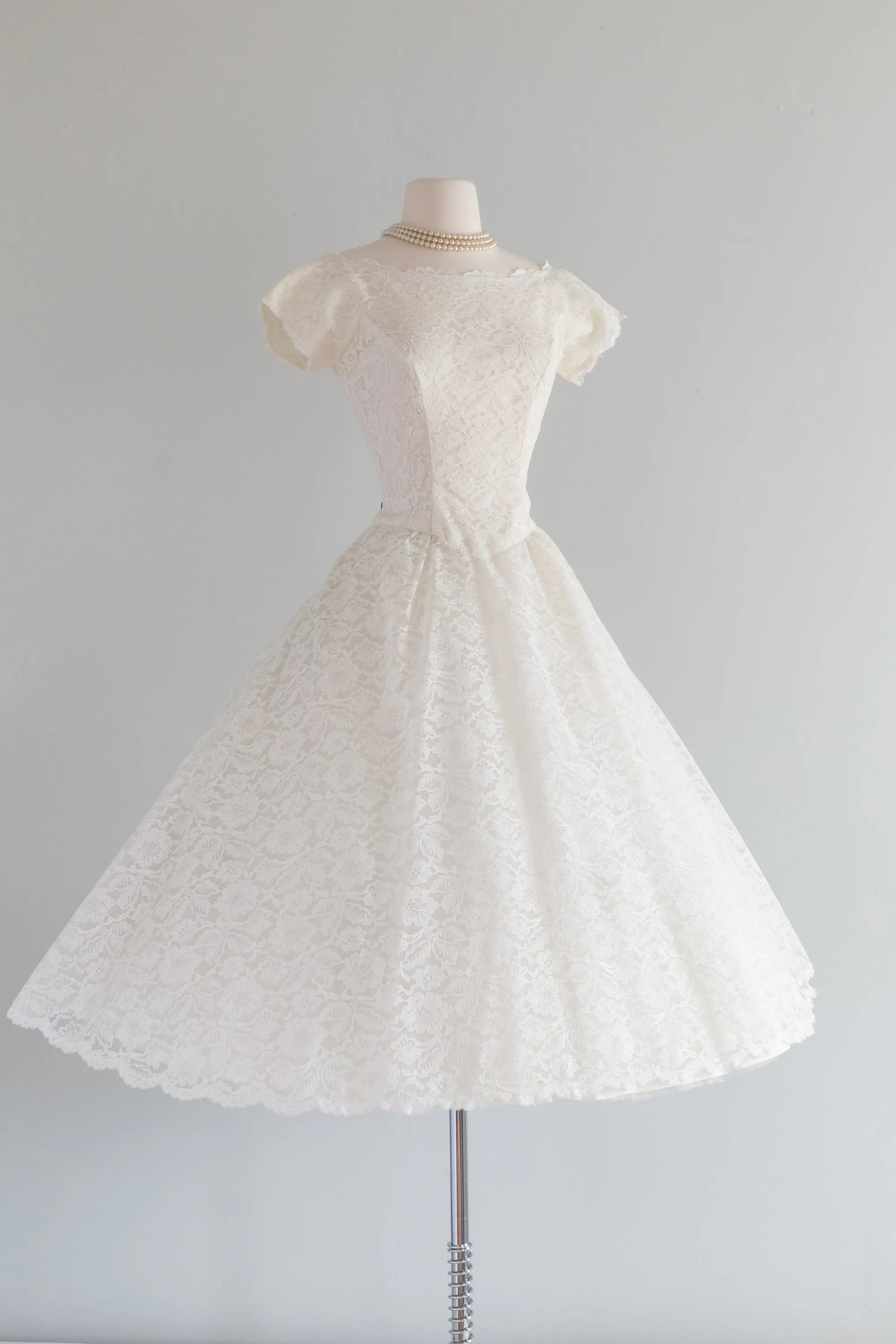 Classic 1950's Tea Length Lace Wedding Dress By Lorie Deb / Waist 26"