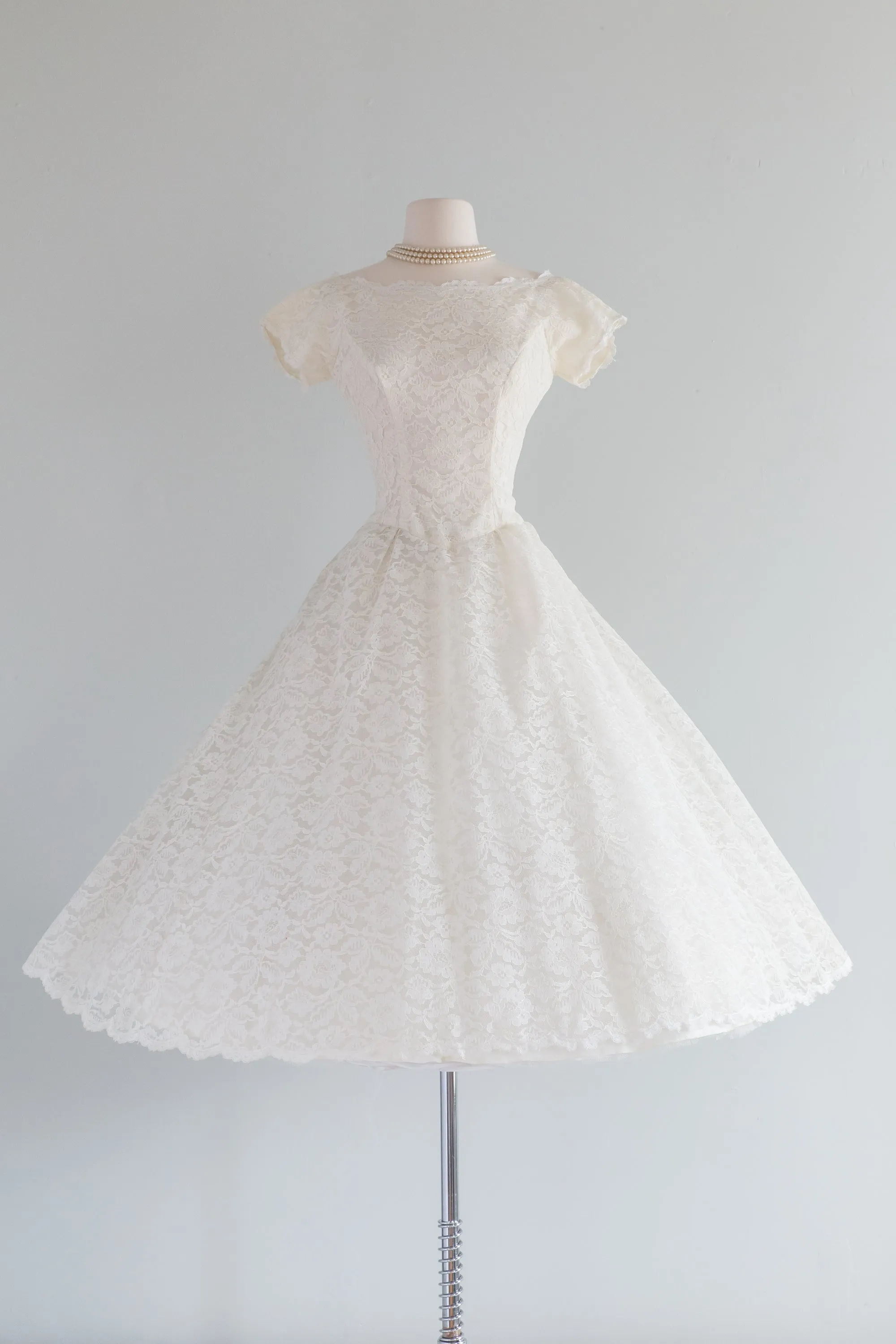 Classic 1950's Tea Length Lace Wedding Dress By Lorie Deb / Waist 26"