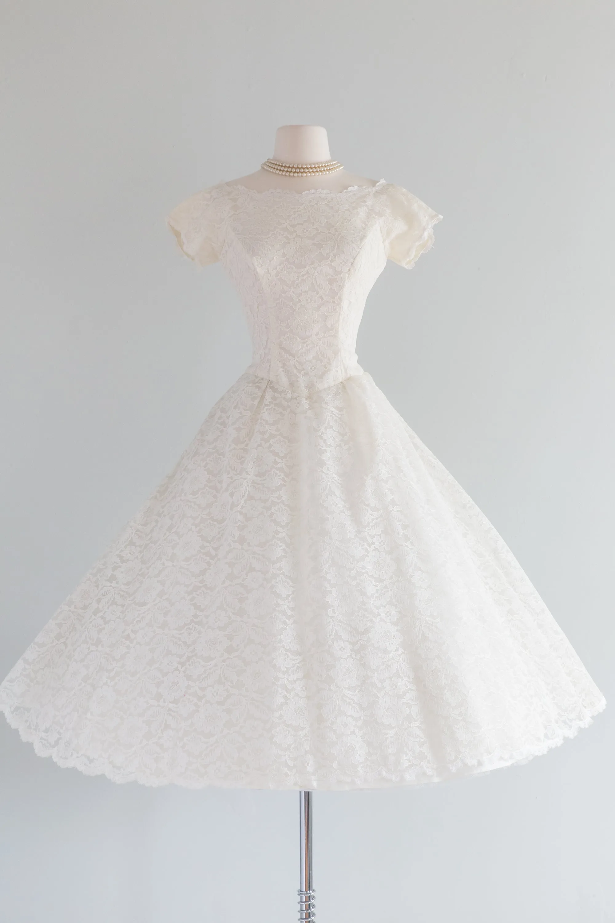Classic 1950's Tea Length Lace Wedding Dress By Lorie Deb / Waist 26"