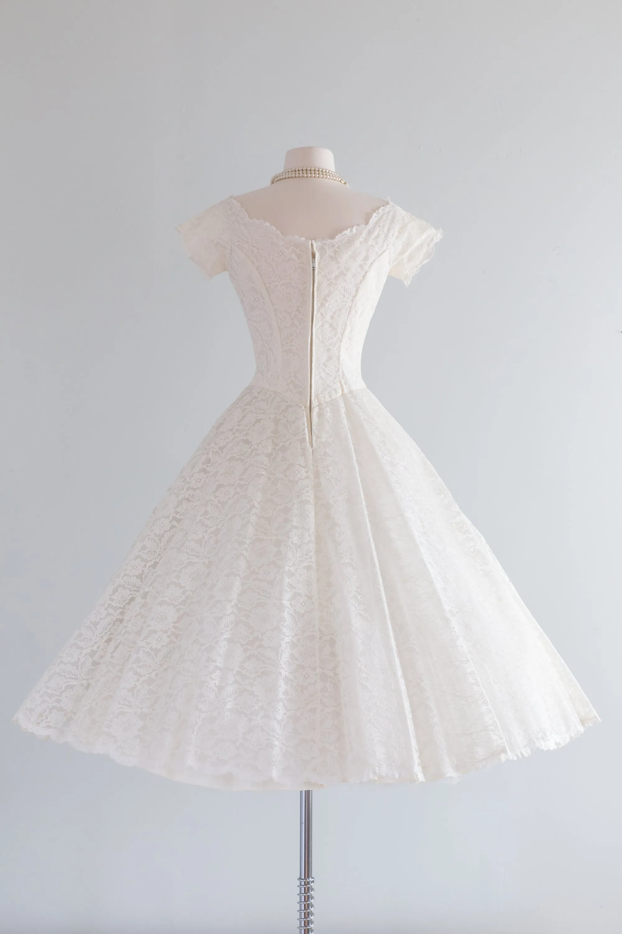 Classic 1950's Tea Length Lace Wedding Dress By Lorie Deb / Waist 26"