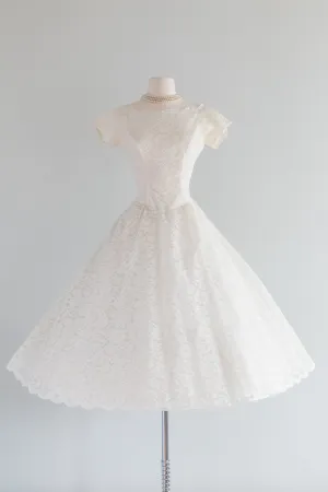 Classic 1950's Tea Length Lace Wedding Dress By Lorie Deb / Waist 26"