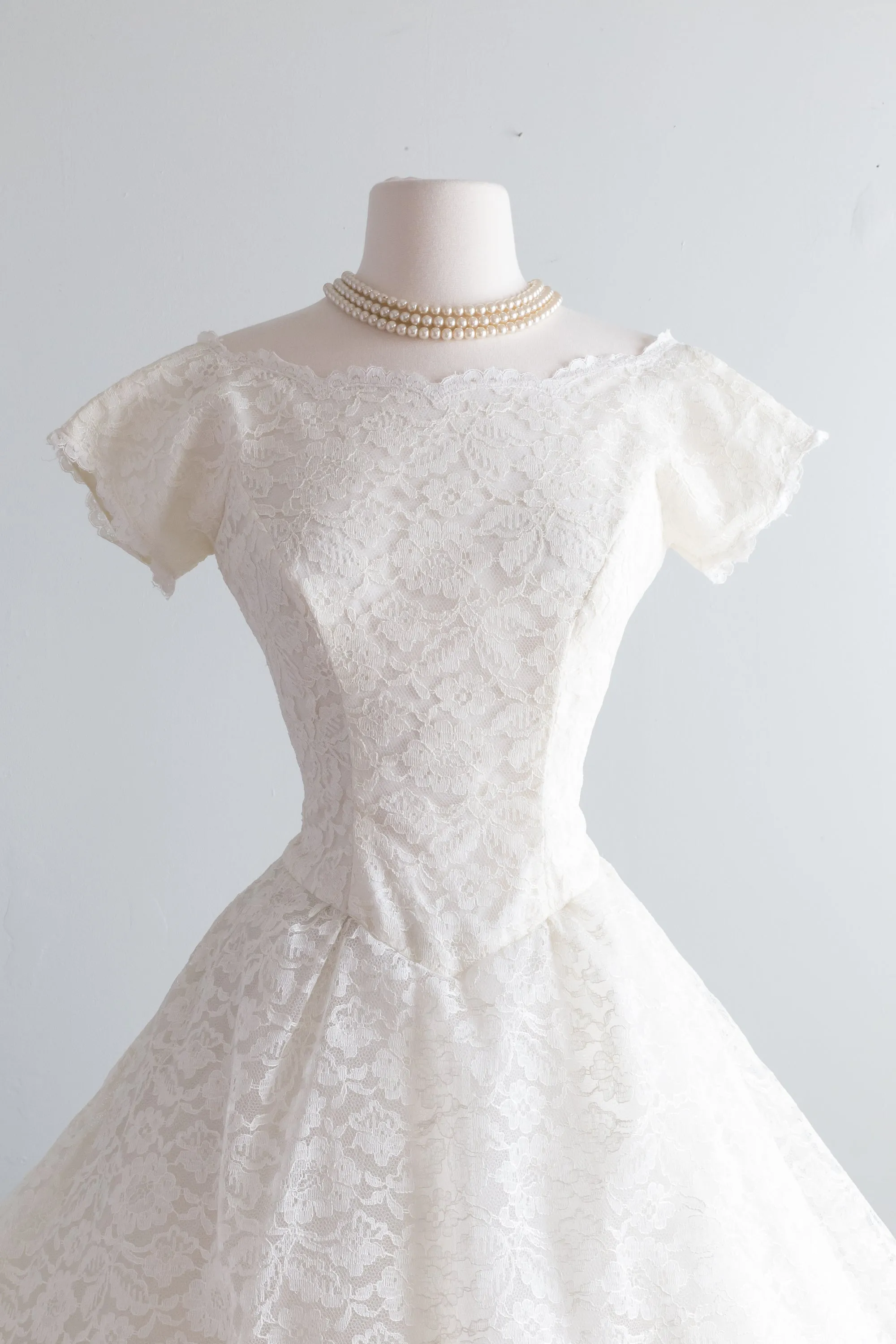 Classic 1950's Tea Length Lace Wedding Dress By Lorie Deb / Waist 26"