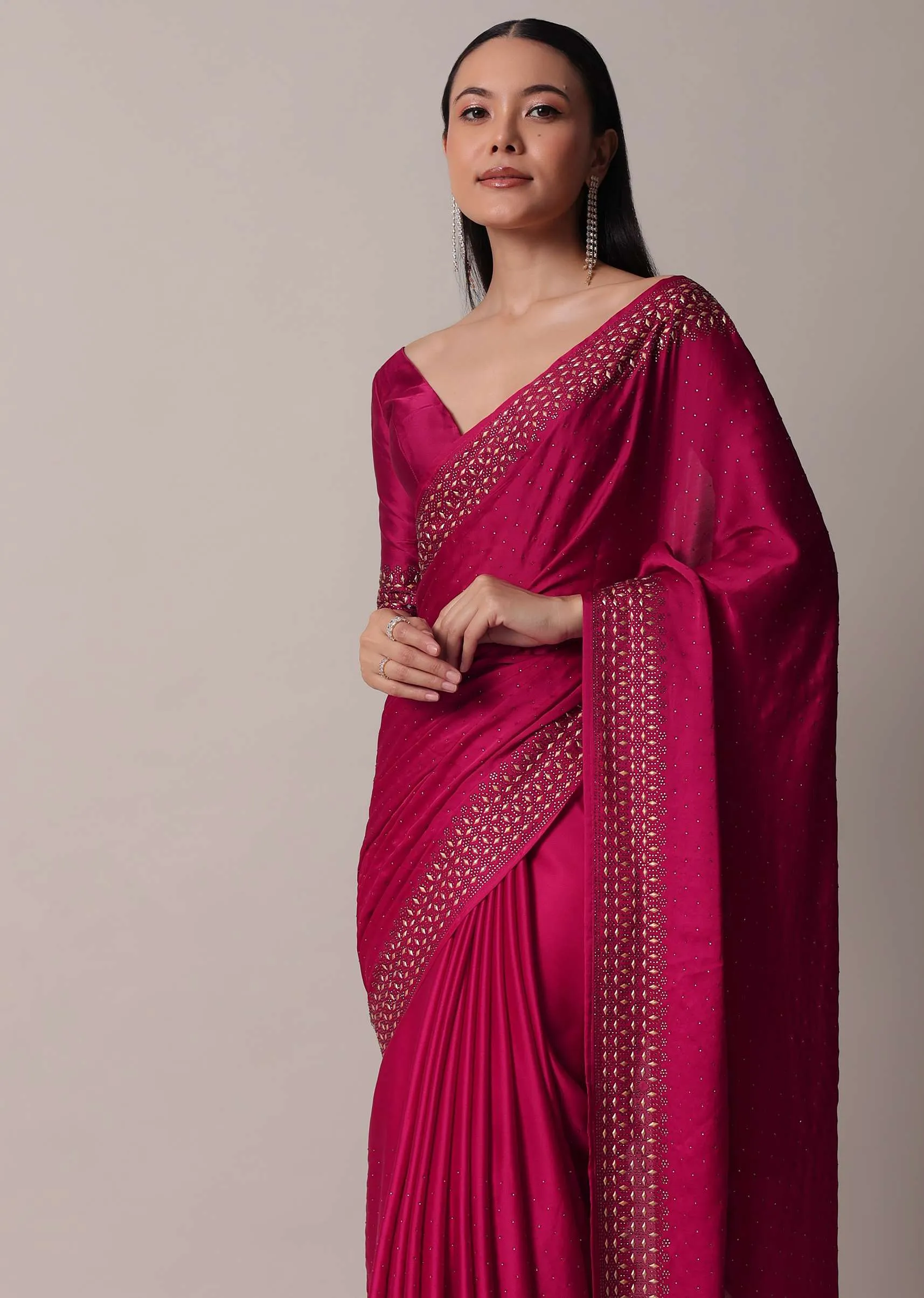 Coral Saree In Satin With Gold Embellishments And Unstitched Blouse Piece