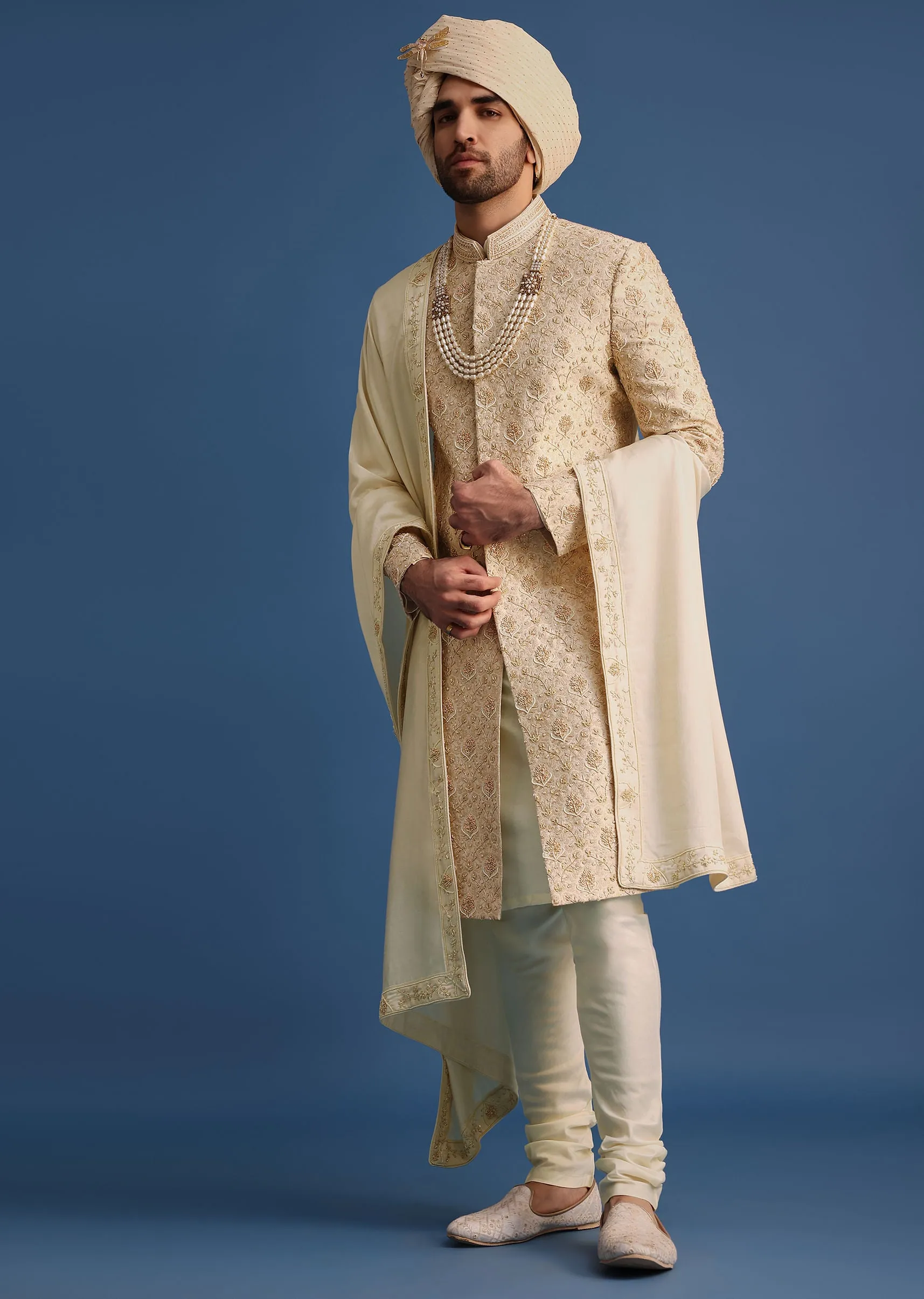 Cream Sherwani Suit With Hand Work