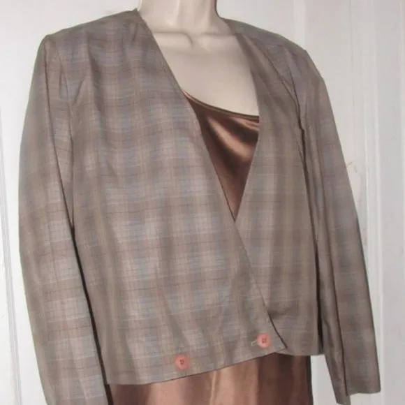 Dior Brown Burgundy Blue Plaid Deep V-neck Cropped Blazer