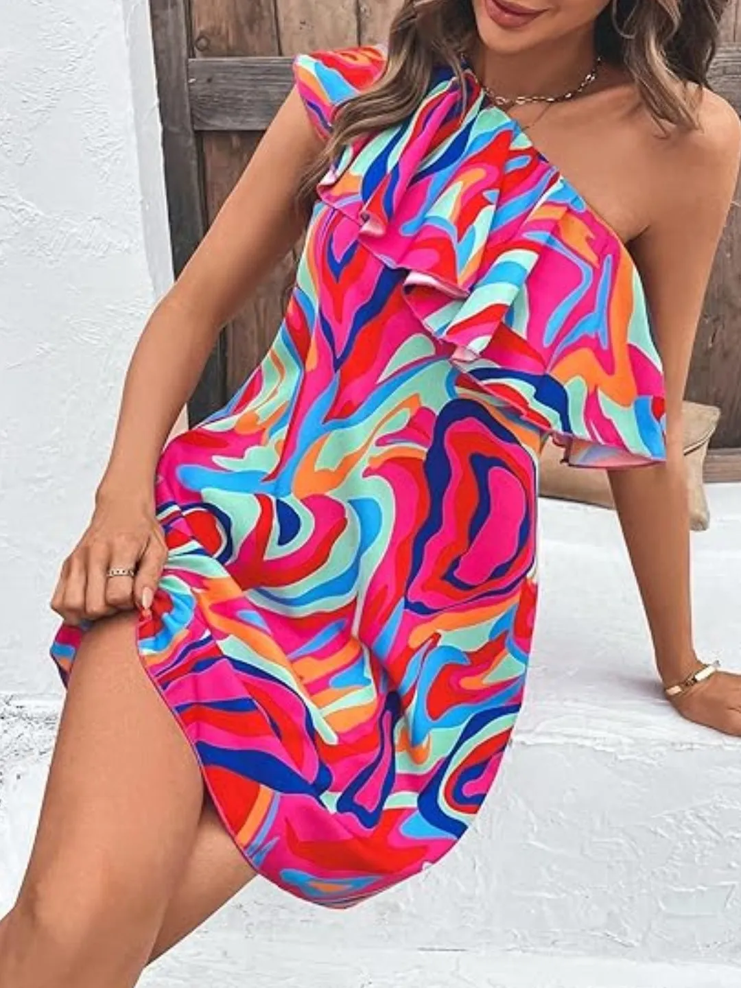 Dress to Impress: Allover Print One-Shoulder Colorful Chic Delight