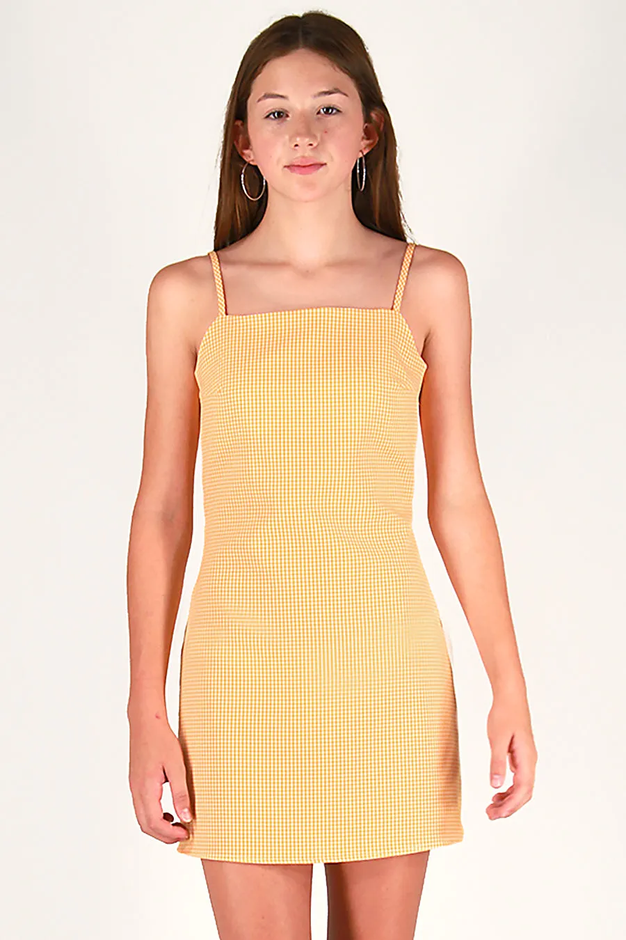 Fitted Square Strap Dress - Orange Gingham