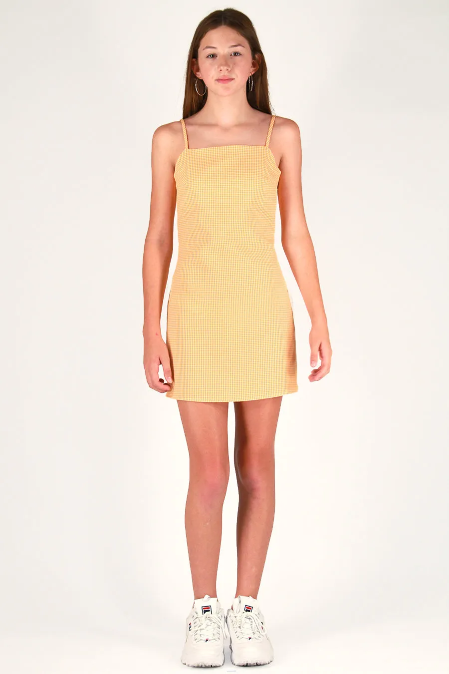 Fitted Square Strap Dress - Orange Gingham