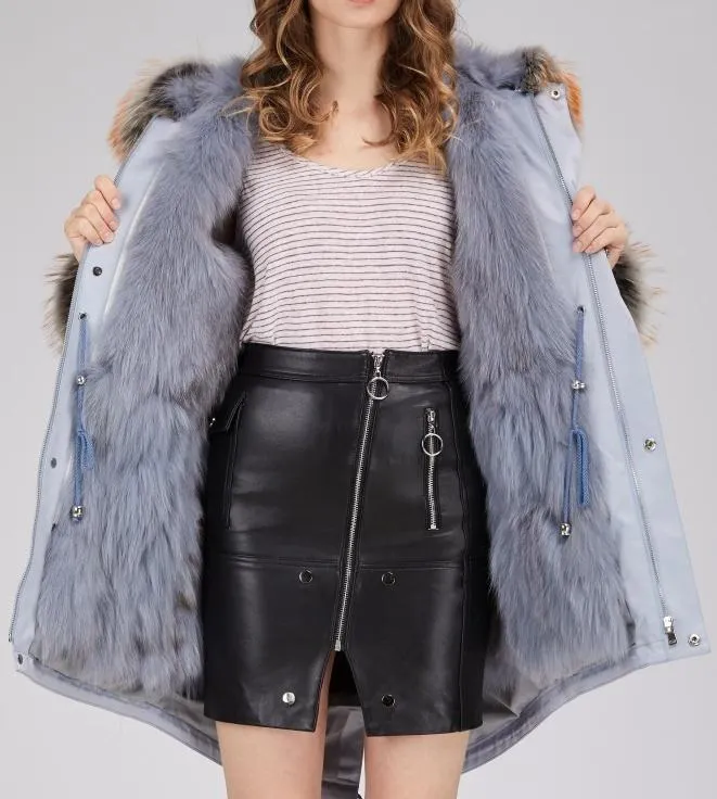 Fox Fur Lined Parka Coat - Pink, White, Blue